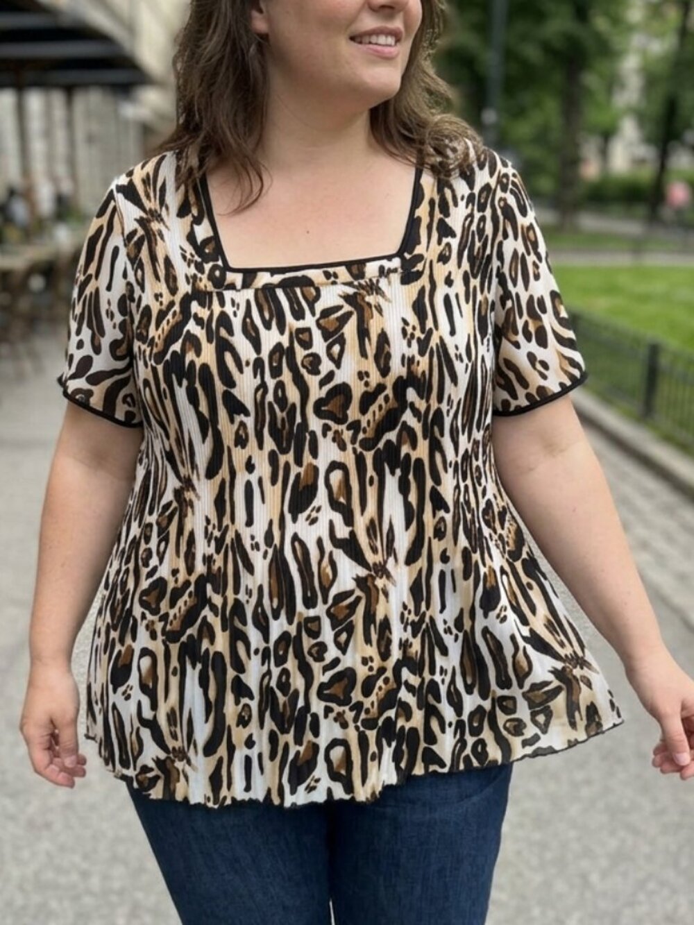 Essentials by Milano Leopard Print Pleated Sheer Blouse Square Neck 3X Plus